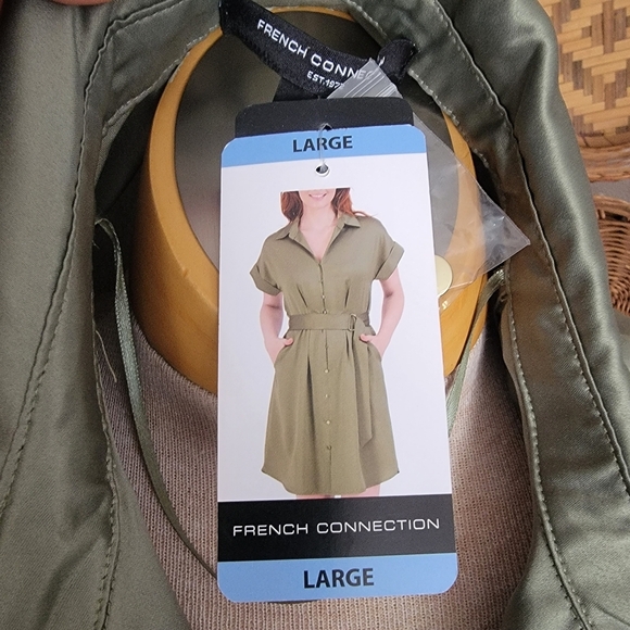 French Connection Elegant Olive Green Shirt Dress Sz L - Picture 2 of 6